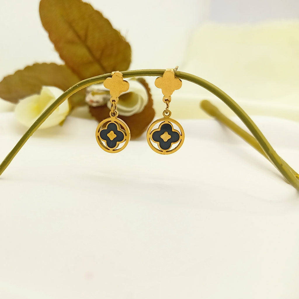 Black Enamel Clover Drop Earrings