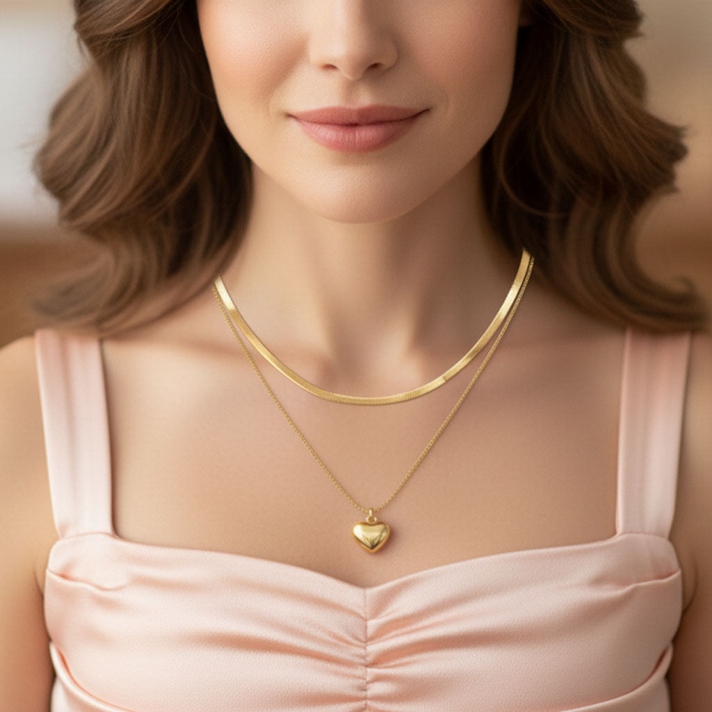 Layered Snake Chain Necklace with a Heart Pendant