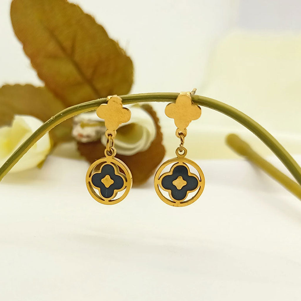 Black Enamel Clover Drop Earrings