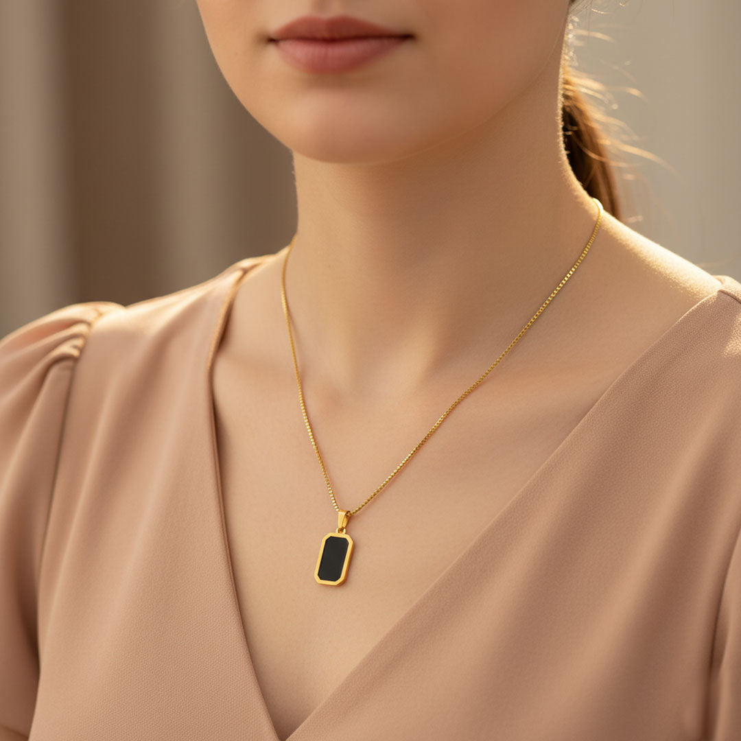 Black Enamel Rectangle Pendant Necklace