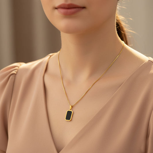 Black Enamel Rectangle Pendant Necklace