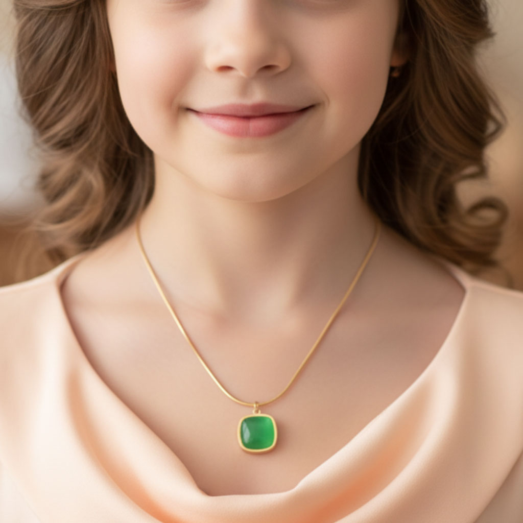 Green Jade Cushion Pendant on Gold-Plated Chain