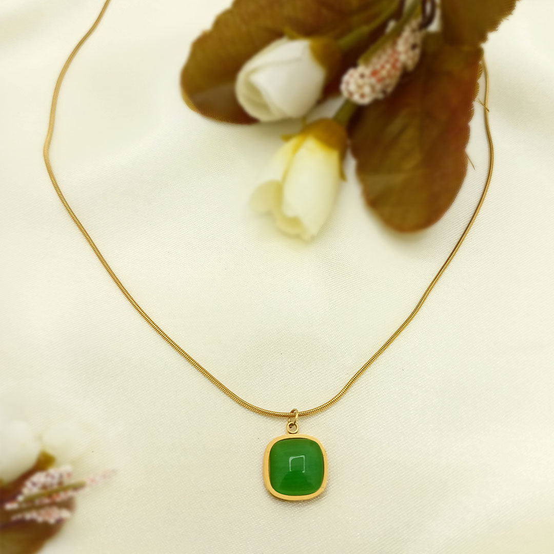 Green Jade Cushion Pendant on Gold-Plated Chain