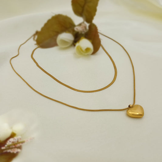 Layered Snake Chain Necklace with a Heart Pendant