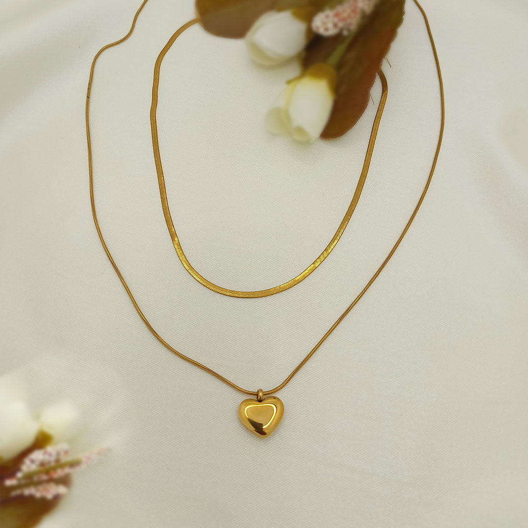 Layered Snake Chain Necklace with a Heart Pendant