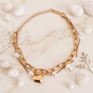 golden heart pearl layered bracelet