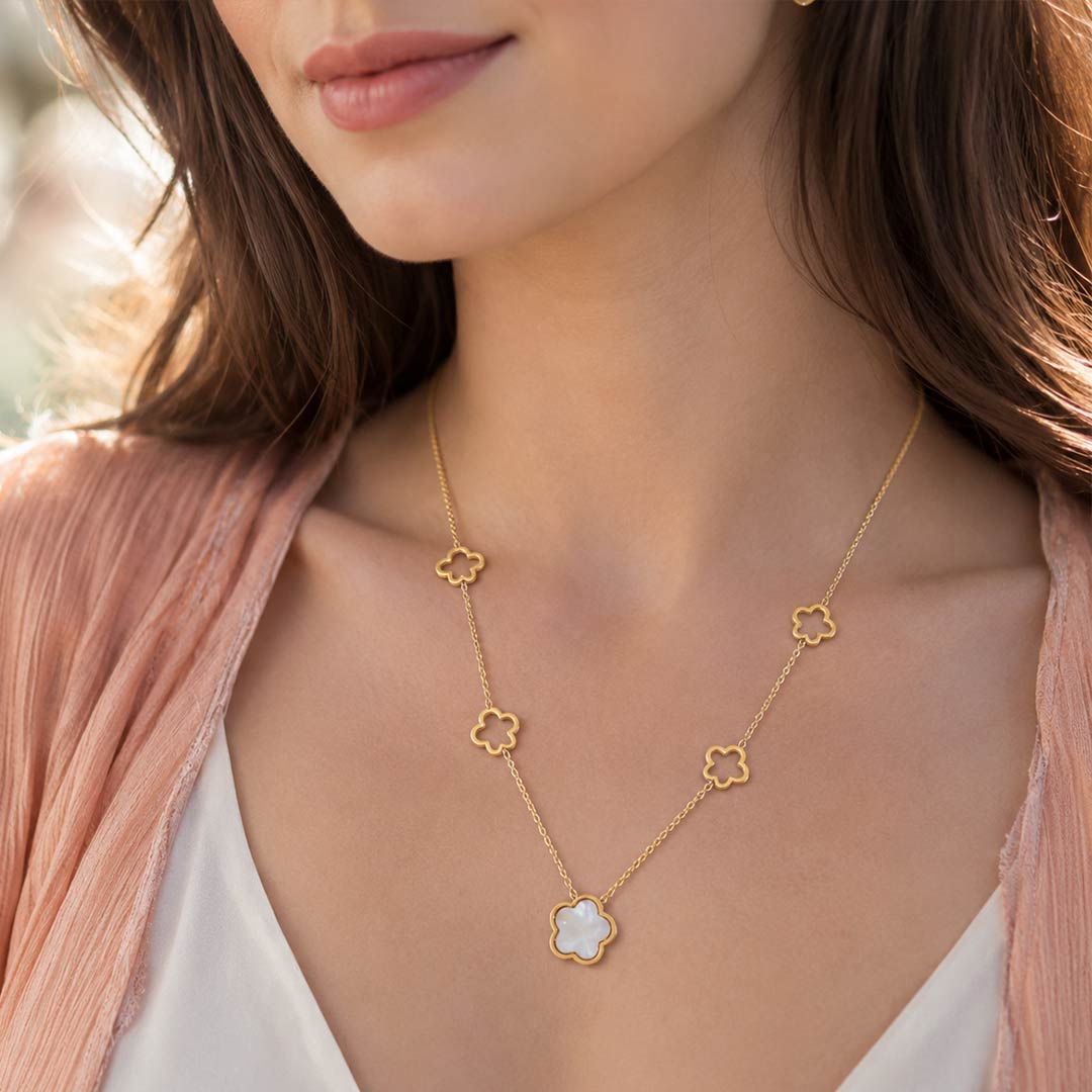 multi clover pearl layered anti tarnish gold necklace multi clover pearl layered anti tarnish gold necklace
