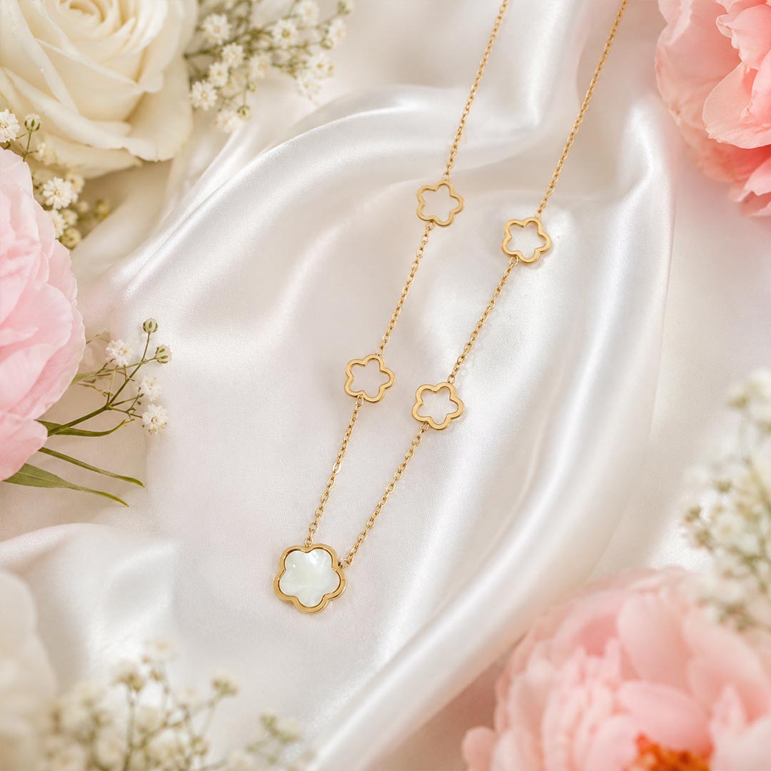 multi clover pearl layered anti tarnish gold necklace multi clover pearl layered anti tarnish gold necklace