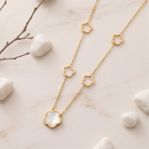 multi clover pearl layered anti tarnish gold necklace