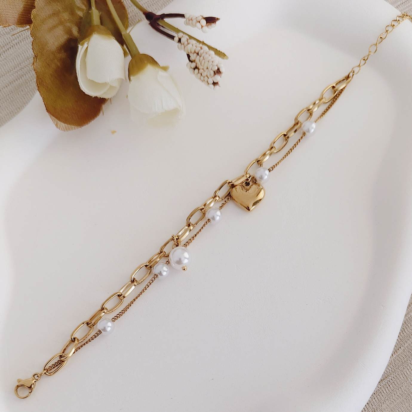 golden heart pearl layered bracelet golden heart pearl layered bracelet