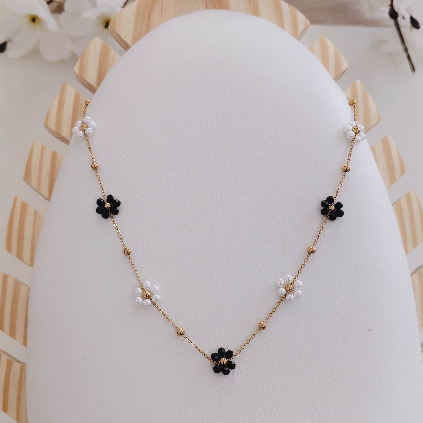 black & pearl floral station necklace black & pearl floral station necklace